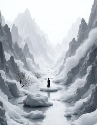 The primary subject of the image is a person standing in a snowy, mountainous landscape. The person is wearing a black outfit, and they appear to be looking into the distance. The setting is a snow-covered mountain range, with the person standing in the middle of the scene. The visual style of the image is a digital art or illustration, creating a dramatic and atmospheric scene. The colors in the image are predominantly white, representing the snow, and the overall mood is one of solitude and contemplation.
